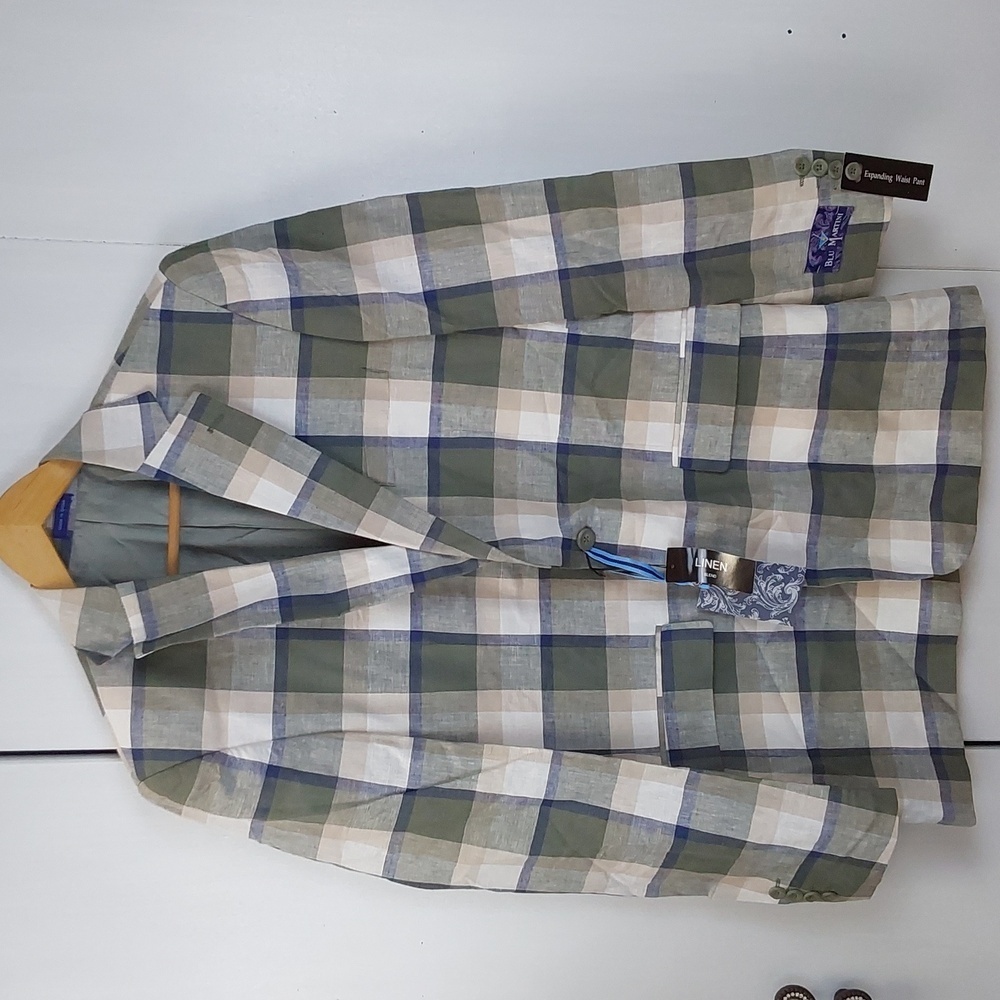 Blu Martini |Green/Tan Neutral Plaid Blazer Linen Sports Coat Preppy Sz.40L